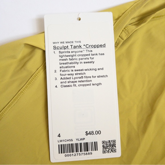 NWT LULULEMON SCULPT TANK CROPPED, SZ 4 YELLOW PEAR, SOLD OUT COLOR - Picture 4 of 4